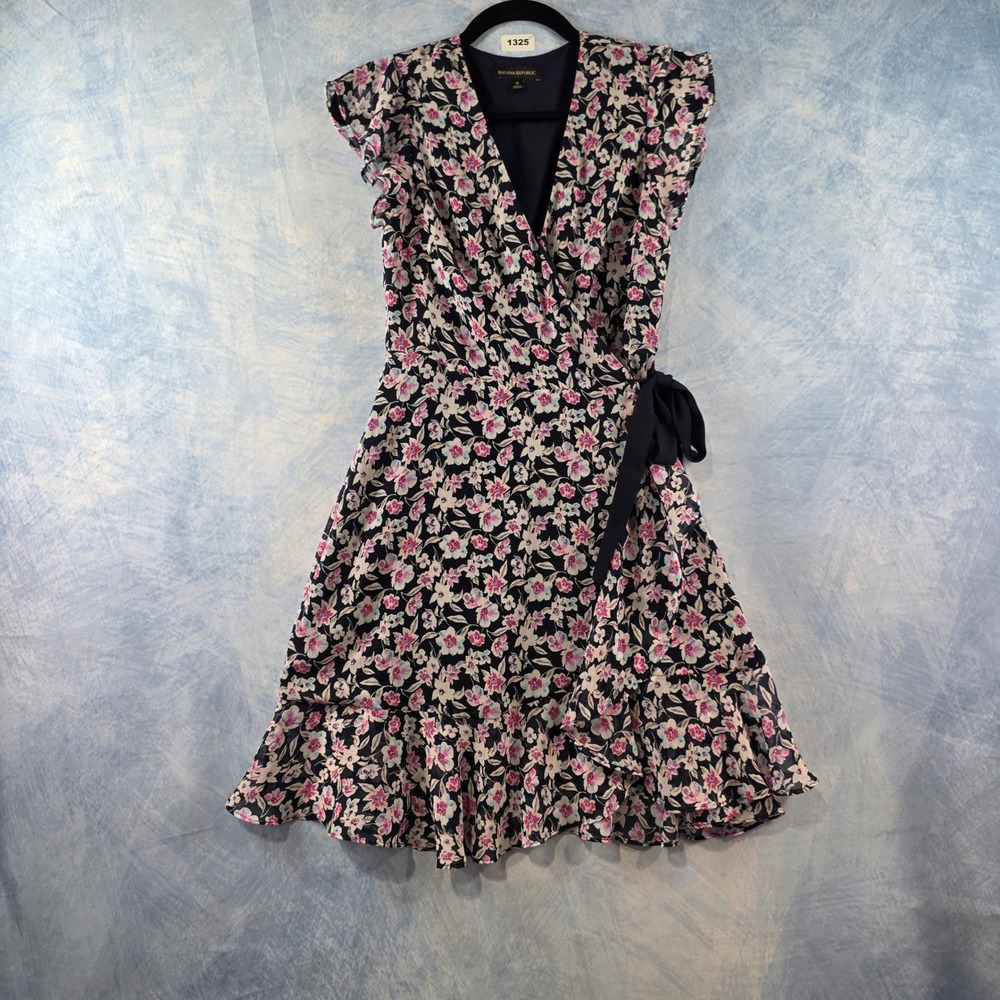 Banana Republic Navy Pink Floral Flutter Sleeve Ruffle Wrap Dress Size‎ 0